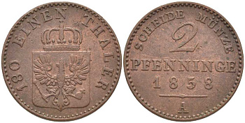 Пруссия 2 пфеннига 1858 A, Фридрих Вильгельм IV (1840-1861) KM 452, Jaeger 51, Olding 336, AKS 91 медь 201-566