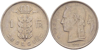 Бельгия 1 франк 1952 Belgie, Бодуэн I (1951-1993) KM 143.1 медно-никель 213-323