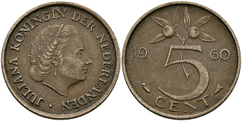 НИДЕРЛАНДЫ 5 ЦЕНТОВ 1960 ЮЛИАНА KM 181 бронза 95-343