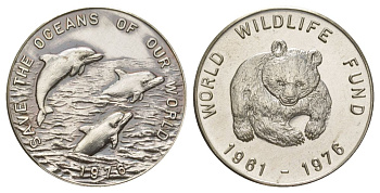 Нидерланды медаль "Всемирный фонд дикой природы - 15 лет, 1961-1976" 1976 Спасем океаны нашего мира, вес 20,6 гр, диаметр 33 мм, в футляре серебро UNC 4-3-2-29