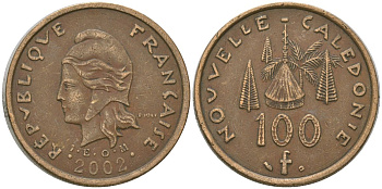 Французская Новая Каледония 100 франков 2002 хижина среди сосен и пальм, (IEOM) KM 15, Schoen 16, Lec 139f никель латунь 4149-131