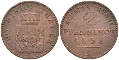 Пруссия 2 пфеннига 1858 A, Фридрих Вильгельм IV (1840-1861) KM 452, Jaeger 51, Olding 336, AKS 91 медь 201-566