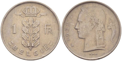 Бельгия 1 франк 1952 Belgie, Бодуэн I (1951-1993) KM 143.1 медно-никель 213-323