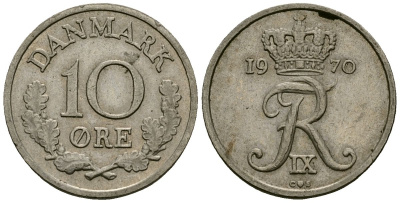 Дания 10 эре 1970 C; S, Фредерик IX (1947-1972) KM 849 медно-никель 4136-861