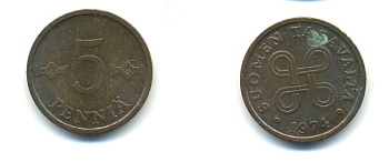 ФИНЛЯНДИЯ 5 ПЕННИ 1974 KM 45 медь 80-845