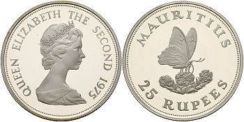 Маврикий 25 рупий 1975 серия защитите наш мир, бабочка на цветке, тираж 9869 экз., в оригинальной коробке KM 40а серебро PROOF 4-3-5-12