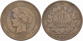 ФРАНЦИЯ 10 САНТИМОВ 1885 A, ТРЕТЬЯ РЕСПУБЛИКА (1871-1940) KM 815.1, LA FRANC 135.29 бронза 97-941