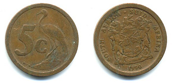 ЮАР 5 ЦЕНТОВ 1990 ГЕРБ, РАЙСКИЙ ЖУРАВЛЬ KM 134 сталь плакированная медью 23-642