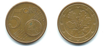 ГЕРМАНИЯ 5 ЕВРОЦЕНТОВ 2002 A KM 209 сталь плакированная медью 29-1116