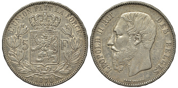Бельгия 5 франков 1870 Леопольд II (1865-1909) KM 24 серебро 443-223