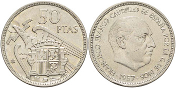 ИСПАНИЯ 50 ПЕСЕТ 1957 (58) ФРАНСИСКО ФРАНКО ДИКТАТОР ИСПАНИИ (1939- 1975) KM 788 медно-никель 4521-331