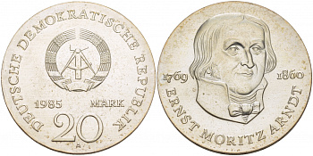 ГДР 20 марок 1985 А, 125 лет со дня смерти Эрнста Морица Арндта (1769-1860) J.1605, KM 105 серебро UNC 00-000-00