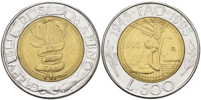Сан-Марино 500 лир 1995 FAO, 50 лет организации KM 330 биметалл UNC 4566-442