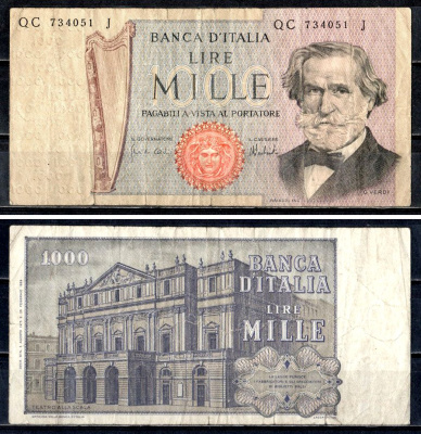 Италия 1000 лир 1969 Pick 101 a бумага 6312-7-3-1