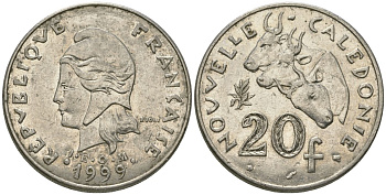 Французская Новая Каледония 20 франков 1999 три быка, (IEOM) KM 12, Schoen 14, Lec 115c никель 81-336