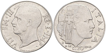 ИТАЛИЯ 20 ЧЕНТЕЗИМО 1941 R, ГОД XIX, ВИКТОР ЭММАНУИЛ III (1900-1946) KM 75b, VEM3. 1028 нержавеющая сталь 3853-1041