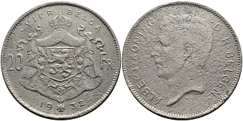 БЕЛЬГИЯ 20 ФРАНКОВ 1932 АЛЬБЕРТ I (1909-1934), BELGEN KM 102 никель 413-3525