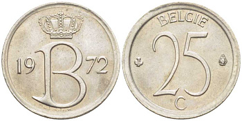 БЕЛЬГИЯ 25 САНТИМОВ 1972 BELGIE, БОДУЭН I (1951-1993) KM 154.1 медно-никель 214-152