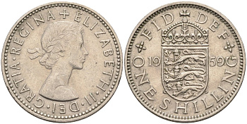 Великобритания 1 шиллинг 1959 Елизавета II (1952-2022), Английский герб KM 904, Spink 4147 медно-никель 4586-941