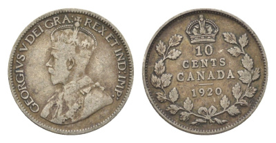 Канада 10 центов 1920 Георг V (1910-1936) KM 23a серебро 4623-856
