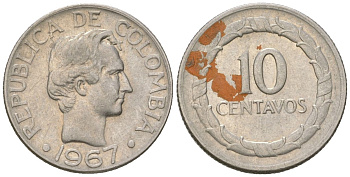 Колумбия 10 сентаво 1967 KM 226 сталь плакированная никелем 4611-856