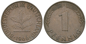 ФРГ 1 пфенниг 1966 G KM 105, J.380 сталь плакированная медью 4651-1111