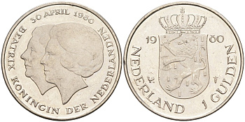 Нидерланды 1 гульден 1980 на коронацию Беатрикс, 30 апреля 1980 KM 200 никель 4563-235