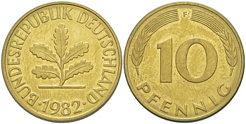 ФРГ 10 ПФЕННИГОВ 1982 F KM 108, J. 383 сталь плакированная латунью 219-542