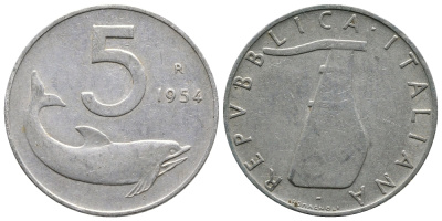 ИТАЛИЯ 5 ЛИР 1954 R, РУЛЬ, ДЕЛЬФИН KM 92 алюминий 83-1827