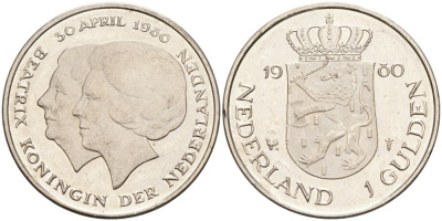 Нидерланды 1 гульден 1980 на коронацию Беатрикс, 30 апреля 1980 KM 200 никель 4563-235