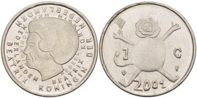 Нидерланды 1 гульден 2001 прощай гульден, детский рисунок, лев с флагом в руках KM 233 никель 86-1611