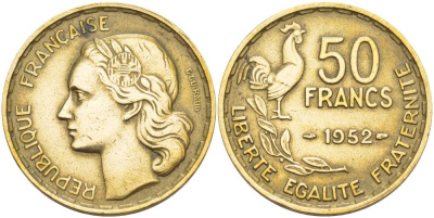 ФРАНЦИЯ 50 ФРАНКОВ 1952 ПЕТУХ KM 918.1, LE FRANC 425.8 алюминиевая бронза 4545-931