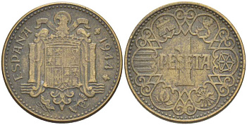 ИСПАНИЯ 1 ПЕСЕТА 1944 НАЦИОНАЛЬНОЕ ПРАВИТЕЛЬСТВО (1939-1947) KM 767 алюминиевая бронза 213-127