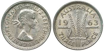 Австралия 3 пенса 1963 m, Елизавета II (1952-2022) KM 57 серебро 71-919