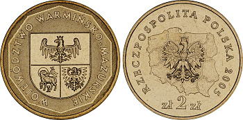 Польша 2 злотых 2005 MW, серия польские воеводства, Варминско-Мазурское воеводство KM 614 нордик UNC 4676-321