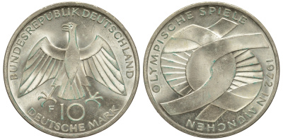 ФРГ 10 марок 1972 F, XX летние Олимпийские игры 1972 года в Мюнхене, символика KM 131, J.402 серебро 1520-231