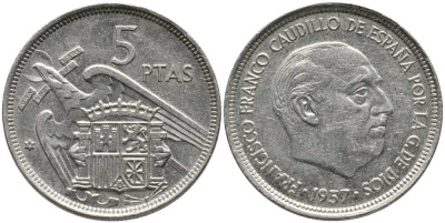 Испания 5 песет 1957 (75) Франциско Франко (1939-1975) KM 786 медно-никель 110-947