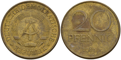 ГДР 20 пфеннигов 1983 A KM 11 латунь 98-733