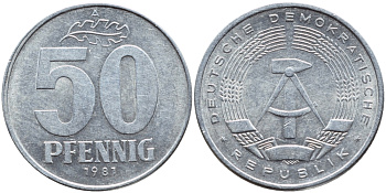 ГДР 50 пфеннигов 1981 A КМ 12.2 алюминий 261-1346