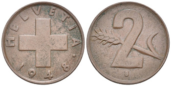 Швейцария 2 раппена 1948 В KM 47 бронза 4576-917