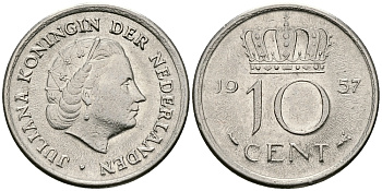 Нидерланды 10 центов 1957 Юлиана (1948-1980) KM 182 никель 96-344