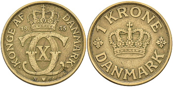 Дания 1 крона 1935 Кристиан X (1912-1947) KM 824 алюминиевая бронза 4591-953