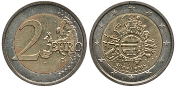 Бельгия 2 евро 2012 10 лет монетарной политике и наличному евро KM 315 биметалл 4384-252