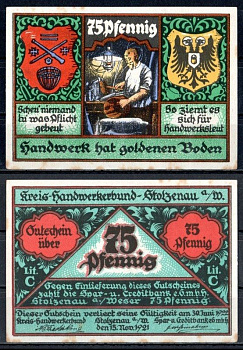 Штольценау (Пруссия, Ганновер) 75 пфеннигов 1921 Mehl Grabowski 1277.1-9/12 бумага UNC (пресс) 7556-70-2-3