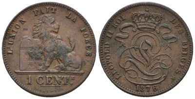Бельгия 1 сантим 1876 Belges, Леопольд II (1865-1909) KM 33.1 медь 220-752