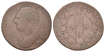 Франция 12 денье 1792 Людовик XVI (1774-1792) KM 600 бронза 4707-747
