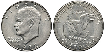 США 1 доллар 1972 D, Президент Эйзенхауэр, лунный орел KM 203 медь плакированная медно-никелем 4558-1033