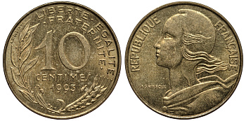 ФРАНЦИЯ 10 САНТИМОВ 1993 ТИП MARIANNE KM 929, LE FRANC 144.35 медь алюминий никель 4390-917