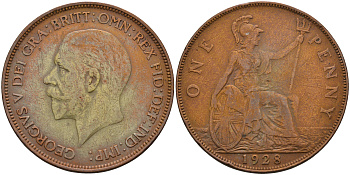 Великобритания 1 пенни 1928 Георг V (1910-1936) КМ 838, Spink 4055 бронза 4593-216