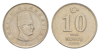 Турция 10 курушей 2005 Кемаль Ататюрк KM 1166 медь цинк никель 4647-568